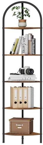 Homhedy 5-Tier Arched Corner Shelf Stand, Wall Corner Bookshelf with Metal Frame, Plant Stand, Industrial Storage Rack Shelf for Living Room, Bedroom, Office, Bathroom, Rustic Brown and Black