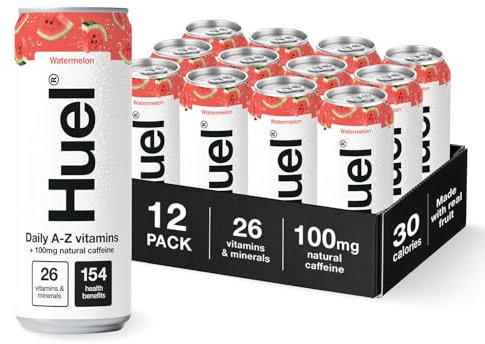 Huel Daily A-Z Vitamins Energy Drink, 12 x 330ml Cans, Watermelon Sparkling Multivitamin Energy Drink, Fizzy Drinks Made with Real Fruit, Rich in Electrolytes, Low Calorie, Caffeine Boost