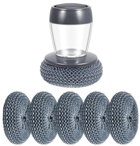 JASFLY Cepillo para Fregar Platos Cepillo con Dispensador de Jabón con 5 Cabezales de Cepillo de Repuesto para Fregar Platos, Ollas o Sartene