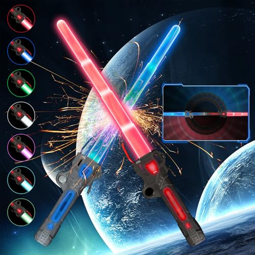 GUBOOM Spada Luminosa Ricaricabile per Bambini, 2 Pezzi Spada Laser Giocattolo, 15 Colori Cambiabili 2 in 1 Retrattile LED Luce, Spade Laser Lightsaber, Spada Laser per Bambini per Halloween, Cosplay