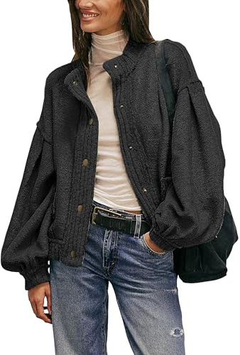 Tiko Miko Cardigan Jacket for Women Loose Fit Ribbed Knit Trim Casual Jacket Shacket with Pockets(0588-Black-L)