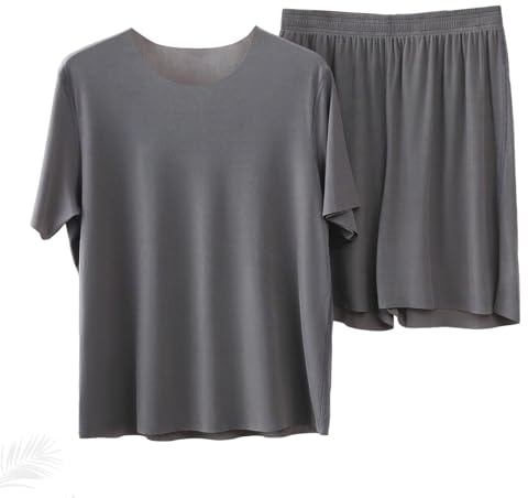 Sommar kortärmad is siden-pyjamas, set med 2 delar för män och kvinnor, kylande pyjamas, kortärmade pyjamas-set, B-män- Grå, L