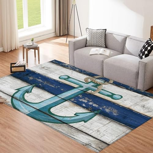 CEDNXOER Hellgrau Waschbarer Teppich Wohnzimmer, 120x180cm,Blauer Anker Teppiche,Weich rutschfest Groß Tepich, Nautisches Thema Kurzflor Schlafzimmer Carpet, für Kinderzimmer