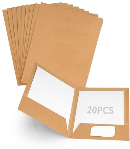 WENLISELL 20 PCS A4 Kraft Paper File Folder with Cards Slot Pockets, Two Pocket Square Cut Folder Paperwork Organizer, Project Presentation Folder for Office, Home