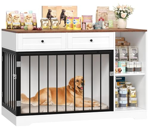 FirFurd Dog Crate Furniture Dog Cage Wooden Puppy Kennel with 2 Doors and Drawers Heavy Duty Pet House Indoor Side Table Sideboard Cabinet White+Brown 120x87x60cm