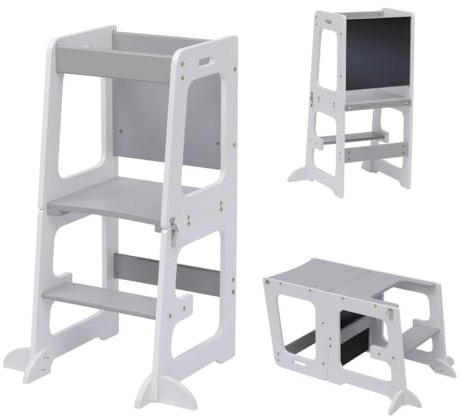 Kingwudo® Wooden Kitchen Helper Toddler Step Stool Kids Learning Tower with Blackboard and Safety Rail Adjustable Helper Standing Tower Nursery Step Stools