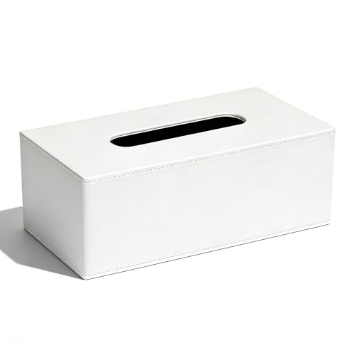 NICEME Caja de Pañuelos de Cuero PU, Caja de Pañuelos De Escritorio, Dispensador de Pañuelos, Ideal para Oficina y Hogar, 25 x 14 x 10 cm, Blanco