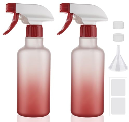 Hethyo Plastic Spray Bottles 12oz 2 Pack Adjustable Mist/Stream Spraying Heavy Duty Square Water Spray Bottles for Hair, Cleaning Solutions, Plants, Essential Oils (Red)