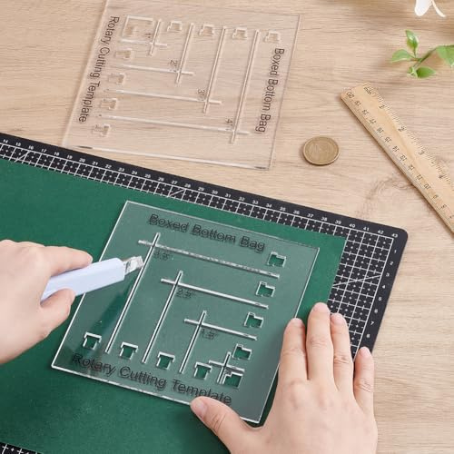 NBEADS 2 plantillas para hacer bolsas Boxy de 2 tamaños, plantilla de corte para suelos de cartón, regla de corte transparente reutilizable, herramientas de costura para la fabricación de bolsos