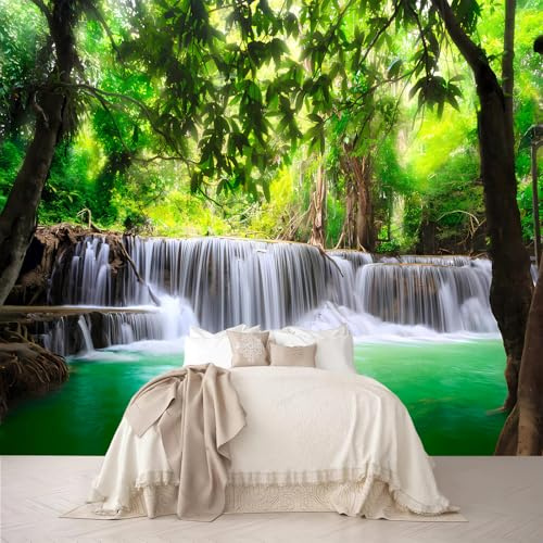 Mural de pared grande de cascada tropical de tamaño personalizado, escena natural de piscina de varias capas con caídas y turquesa, papel tapiz autoadhesivo extraíble para dormitorio, sala de estar