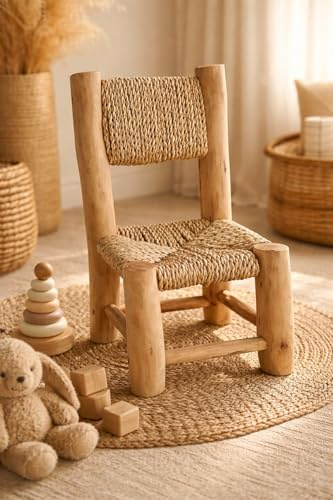 Générique Chaise Enfant en Bois Naturel et Fibres tressées -Petite Chaise Artisanale bohème – Mobilier déco Chambre Enfant Style bohème Solide
