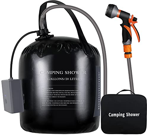 AZXJC Portable Camping Shower, 5gallons/20 liters Rechargeable air Pump Outdoor Electric Camping Shower, 8 Spray Modes, Solar Heating Black PVC airbag, Built-in Thermometer, Beach, Camping, Hiking