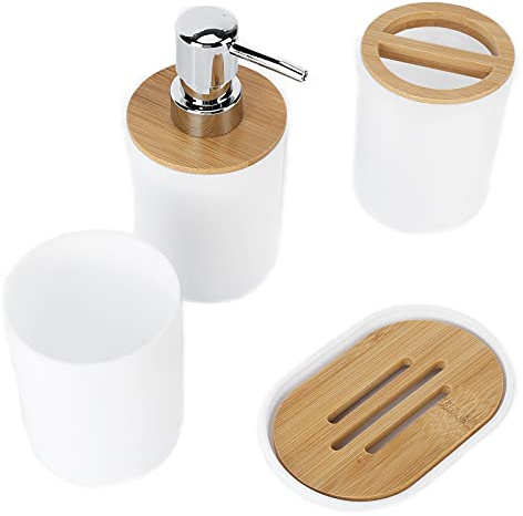 EBTOOLS Set de 4 Accesorios de Baño Completos, Set de Baño con Porta Cepillo de Dientes, Jabonera, Dosificador de Loción Y Vaso, en Plástico + Bambú(Blanco)