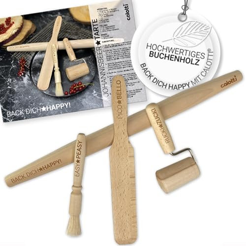 Calotti® - Backzubehör mit extra großem französischem Nudelholz (46cm), konischem Backblechroller, Backpalette und gratis Backpinsel. Europäische Buche, finissiert mit Design Lasergravur