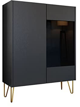 Mirjan24 Vitrine Madaris MWT97, Standvitrine mit 2 Türen, Metallfüße mit Gold pulverbeschichtet, Vitrinenschrank für Wohnzimme, Glasvitrine, Mehrzweckschrank (Schwarz Graphit/Marmor Schwarz Royal)