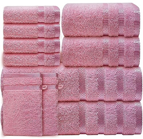 Casabella Luxury 10 Piece Towels for Bathroom - Bath Towel Set 100% Cotton-2 Bath Towels, 2 Hand Towels, 4 Face cloth & 2 Body Wash Gloves Quick Dry Hotel Quality Bathroom Towels Bale Set Pink