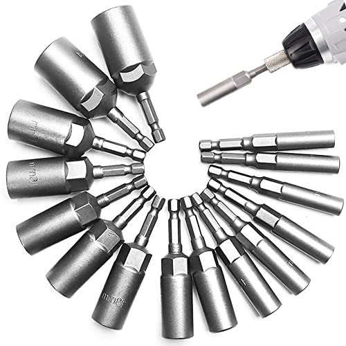 RZJZGZ Deeper Nut Sockets Set, 5.5-19mm Nut Setter Driver 1/4 Hex Shank Drill Bit Set, Quick Change Metric Nut Drivers Screwdriver Handle Bits Bolt Remover Tool, 80mm Length Nut Extractor Socket