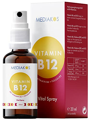Vitamin B12 + B6 Spray mit 600µg Folsäure (B9) - Hochdosiert & Vegan - B 12 Vitamin Präparat mit Methylcobalamin - Vital Spray mit Apfel-Geschmack (20 ml)