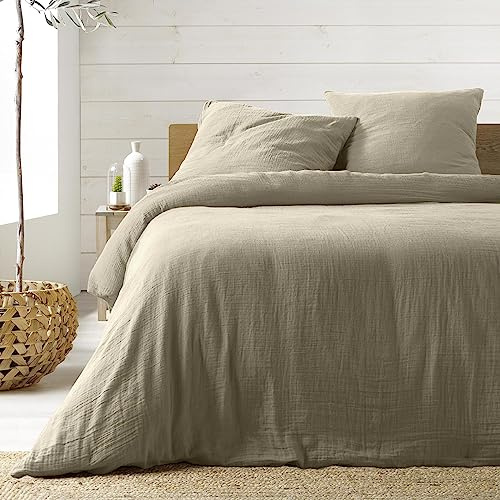 Douceur d'Intérieur, Parure de Lit 3 Pièces (260 x 240 cm) Angelia Sable, Gaze de Coton Unie