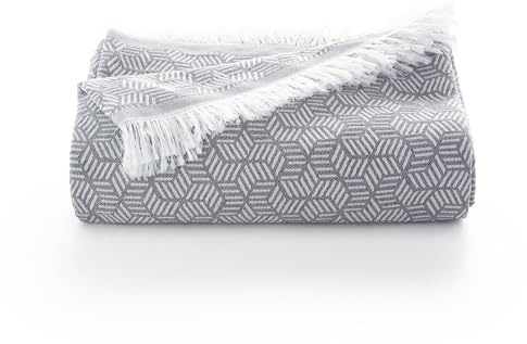 Jeté de lit et canapé multifonction en coton doux géométrique - 180 x 140 cm, gris