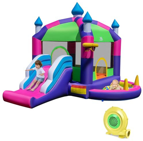 DREAMADE Château Gonflable 5 en 1 avec Toboggan, Panier de Basket-Ball, Piscine à Balles, Trampoline, Aire de Jeux avec Riches Accessoires pour Enfants 3-10 Ans, Charge 90 KG (avec Gonfleur 680w)