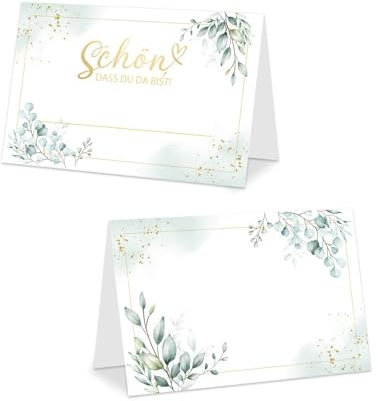 50 Stück Tischkarten Eukalyptus, Schön dass du da bist Platzkarten Grün Namenskarten zum Beschriften Tischdekoration für Hochzeit Geburtstag Konfirmation Kommunion Taufe Feier usw.