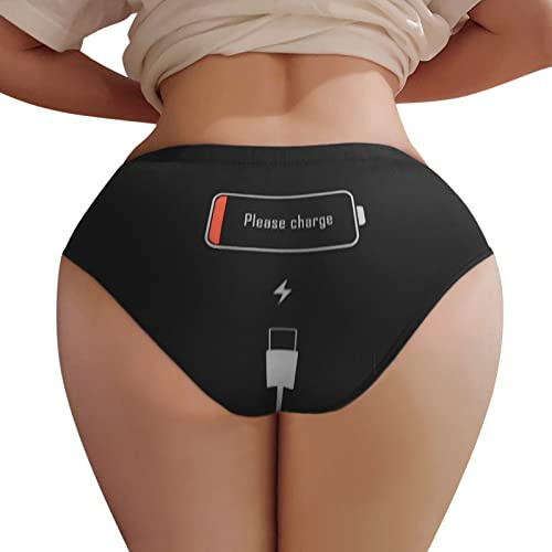 String pour femme avec imprimé amusant Please Charge - Culotte respirante - Culotte douce sexy taille basse - Culotte bikini grande taille hipsters coquins tangas mignons extensibles, Noir , L