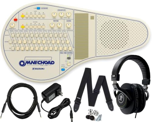 Suzuki Omnichord Electronic Musical Instrument OM-108 Digital Chorded Zither Synthesizer Instant Accompaniment with Mackie Headphones, Power Supply, Cable, Strap Bundle