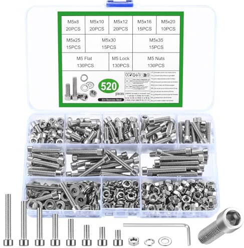 520 Pièces Set de Vis M5, Boulons Vis et écrous, Vis Boulons et écrous, Vis à Tête Cylindrique à Six Pans Creux en Acier Inoxydable, Vis Boulon et écrous et Rondelles Kit pour Réparation Bricolage
