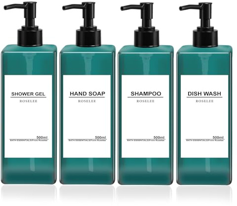 Roselee 4er Seifenspender Set 500ml Seifenspender Dusche, Kunststoff Pumpspender mit Trichter und Wasserdichten Etiketten Shampoo Spender für Küche Badezimmer Bad Grün
