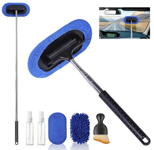 5Pcs Car Windscreen Cleaner Tool, Car Window Cleaner, with 2 Reusable Washable Microfiber Pads, 180°Rotating Telescopic Handle Car Window Demister, Car Glass Cleaner Brush, for Auto SUV