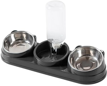 Fzaqwen Comedero Triple para Gatos con Bebedero Automático, Comederos Húmedos Y Secos, Set de Comida Y Agua para Conejos Y Hámsteres, Gris Oscuro