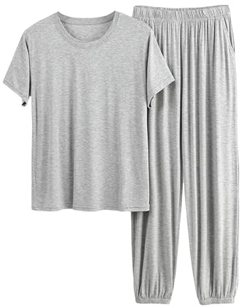 Uwdiohq Set da Donna Taglie Forti, alla, Tinta Unita, Maniche Corte, Maglietta, Top E Pantaloni della Tuta. Vestitino Erotico (Light Ashy, XXXL) Pigiama 100% Cotone Leggero XXL Caldo Curvy