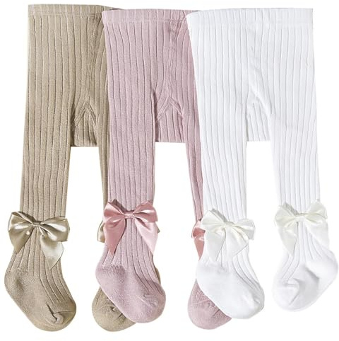 AOOPOO 3 Pezzi Collant per Neonati e bambini piccoli in cotone, Leggings Morbidi Caldi ed Elastici con Design a Fiocco Leggings Senza Cuciture per Bambini da 0 mesi a 6 anni