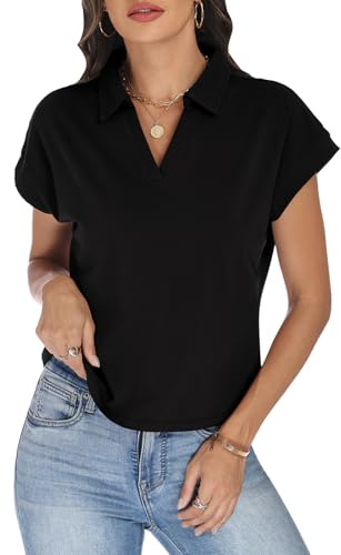 JDWZSI Women's Cap Sleeve Crop Tops Collared V Neck T Shirts Boxy Short Sleeve Polo Shirts Summer Basic Tees Fashion Clothes Black