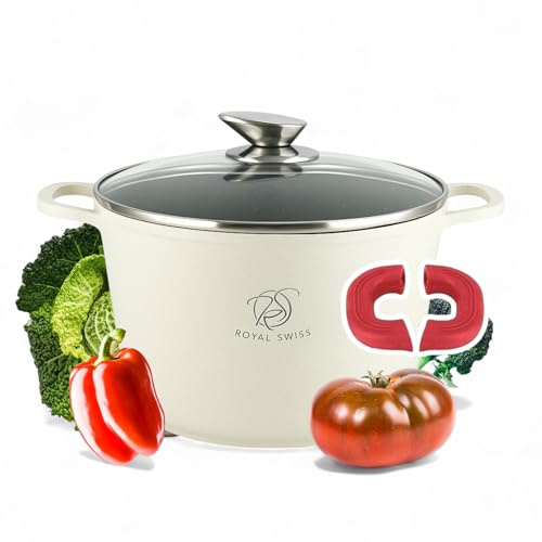 Royal Swiss® Suppentopf Ø24 cm – 6,2 L mit Glasdeckel – Edelstahl & Antihaftbeschichtung – Abnehmbare Griffe – Für Induktion, Gas, Elektro, Keramik & Backofen – Beige