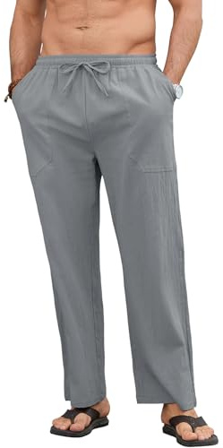 Aisprts Pantalon Lino Hombre Pantalones de Verano Ligero Corte Holgado con Cintura Elástica y Cordón, con Bolsillos, para Playa, Vacaciones y Uso Diario, Gris, M