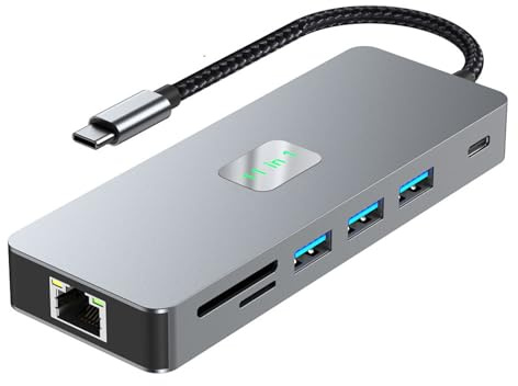 ZYKEJJDDAK Estación de acoplamiento portátil 11 en 1, USB C a HDTV, VGA, Gigabit Ethernet, 3 puertos USB, transferencia rápida de datos, PD de 100 W, salida de sonido, base de aluminio