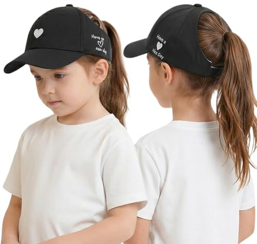 OhMill Casquette de Baseball Respirante pour Enfants Été Casquette à Couronne Ouverte pour Filles avec Boucle pour Queue de Cheval Chapeau de Soleil Tendance Enfants avec Motif Cœur Réglable 48-54 CM