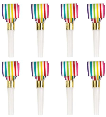 Unique Vibrant Rainbow Stripe Squawker Blowouts, 8 Count, Eco-Friendly Paper Celebration Noise Makers - Perfect For Birthday Parties & Events