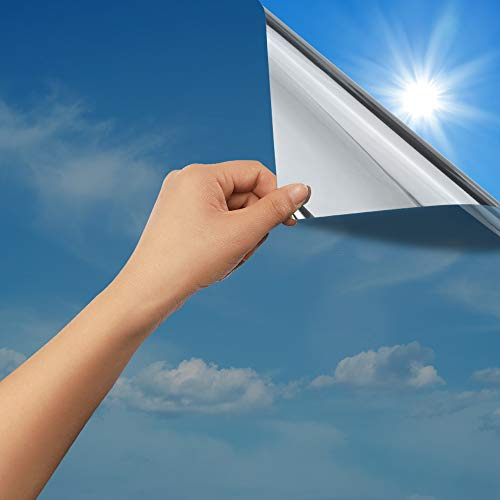 rabbitgoo One Way Window Film Privacy for Glass, Silver, 44.5x300cm | Mirror Tint Sticker Sun Blocker, Heat Reflective UV Glass Sticker Heat Reflector Thermal Solar Vinyl