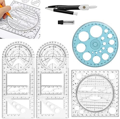 OTTYMO 5 Pcs I Kit 1 Pcs Regla Geométrica Multifuncional 2 Pcs Transportador 360 Grados Plastico + 1x Compás Dibujo Tecnico Compás Escolar Rueda y Minas Compás para Dibujo Geométrico Oficina Escuela