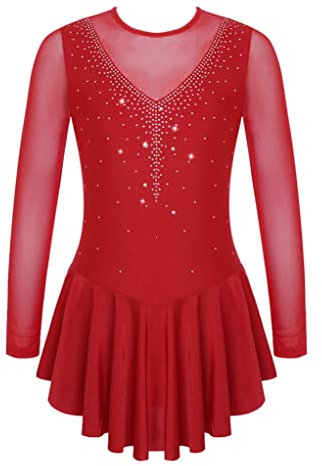 Runhomal Mädchen Ballettanzug Eiskunstlauf Kleid Langarm Ballettkleid mit Strass Ballett Trikotbody Ballerina Skater Kleider Wett­be­werb Kostüm Burgundy 128