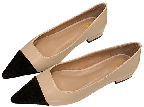SHODENSE Women Casual Cap Toe Flats Slip on Pointed toe Ballet Flats Two Tone 0.5 Low Flat Heel Pumps Comfort Colorblock Basic Flat Dress Shoes Work Chic Driver Flats Fall 4-11 M US, Beige & Black, 5