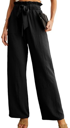 IWOLLENCE Women's Wide Leg Pants with Pockets High Waist Adjustable Knot Loose Casual Trousers Business Work Casual Pants Black X-Large