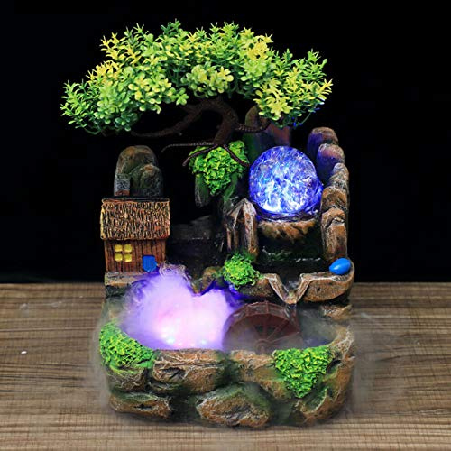 Fuente de interior con iluminación LED, fuente de mesa con cascada y niebla, cascada para interiores, en piedra, para casa, dormitorio, escritorio, decoración 18,5 x 14,2 x 20 cm