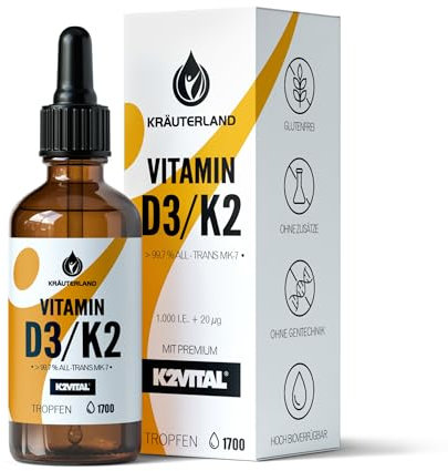 Kräuterland Vitamin D3 + K2 (50ml) - Original K2VITAL® 99,7% all-trans - 1000 I.E. Vitamin D3 pro Tropfen (1700 Tropfen mit Vitamin D + Vitamin K) - Hoch bioverfügbar - Hochdosiert