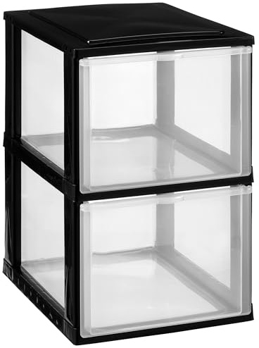 Hummelladen Schubladenbox DIN A4 mit 2 hohen Schubladen 34,5x26x39 cm - schwarz-transparent Kunststoff Drawer Tower Box Organizer für Schreibtisch Easy-Pull-System