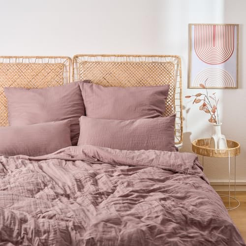 Blumtal Musselin Bettwäsche 135x200 cm + 80x80 cm - Oeko-TEX zert. Bettwäsche Musselin aus 100% Baumwolle - extra weiches Bettwäsche-Set waschbar bei 40 °C - Sommerbettwäsche Violett
