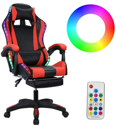 Ergonomisk spelstol med Bluetooth-högtalare och RGB LED-lampor, justerbar hög ryggstol med ländryggsstöd för ultimat komfort – svart och röd